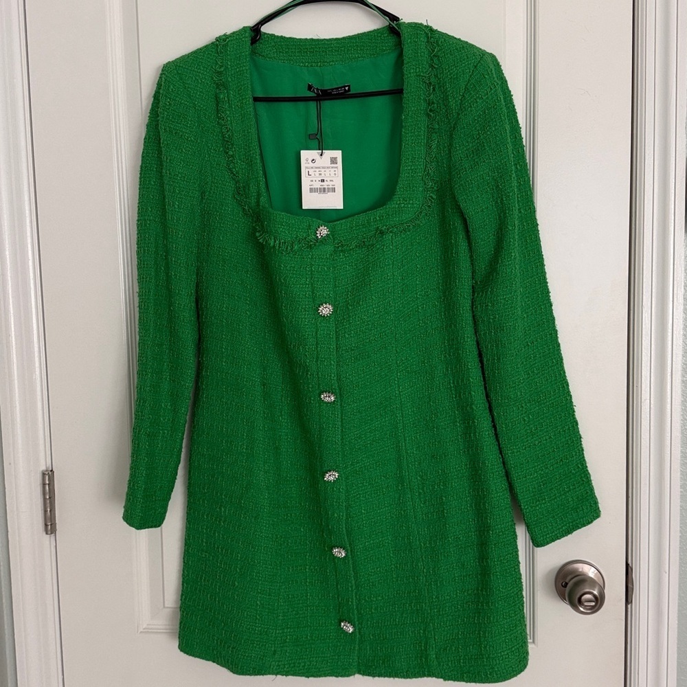 Zara Tweed Boucle squared neck long sleeves Jewel Buttons Green Dress Sz Large - Picture 4 of 15